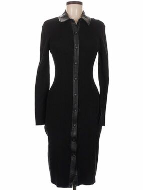 Ellen Tracy Black Ribbed Knit Midi Dress Faux Leather Trim Button Front Med. NWT